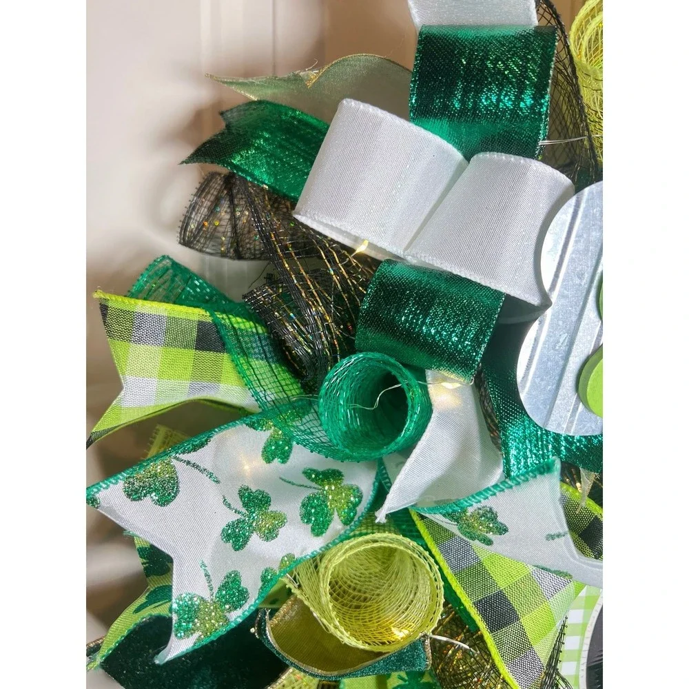 Handmade Happy St. Patrick’s Day Ribbon Prelit Wreath 22 ins LED W8